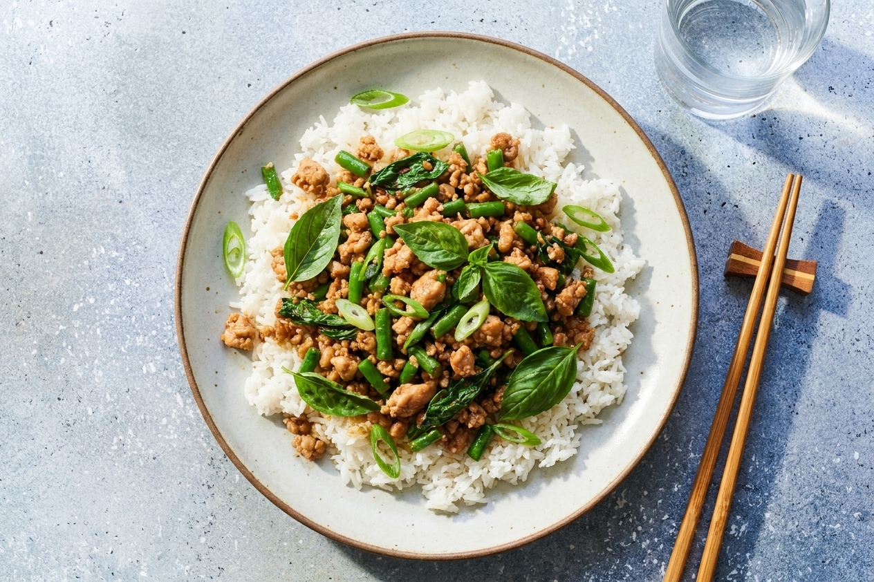 A dinner plate with Asian basil chicken over rice, garnished with basil and sliced green onions, set on a simple table with chopsticks and a water glass