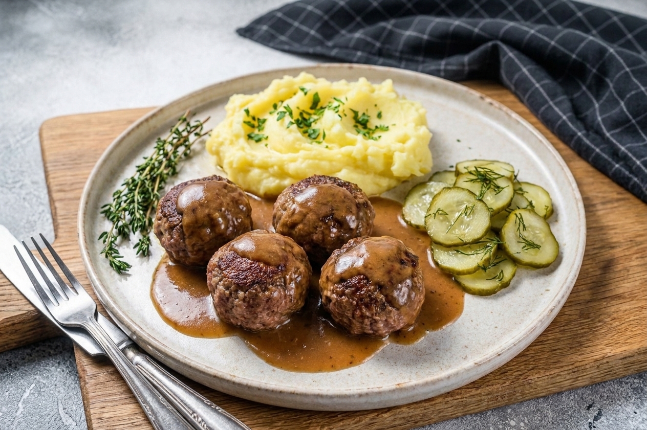 A dinner plate with Danish-style frikadeller, creamy gravy, mashed potatoes, and a side of pickled cucumbers on a simple table setting