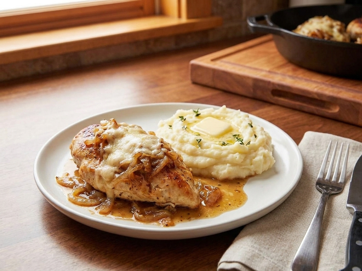 A dinner plate with French onion chicken topped with caramelized onions and melted cheese, served with mashed potatoes on a simple table setting