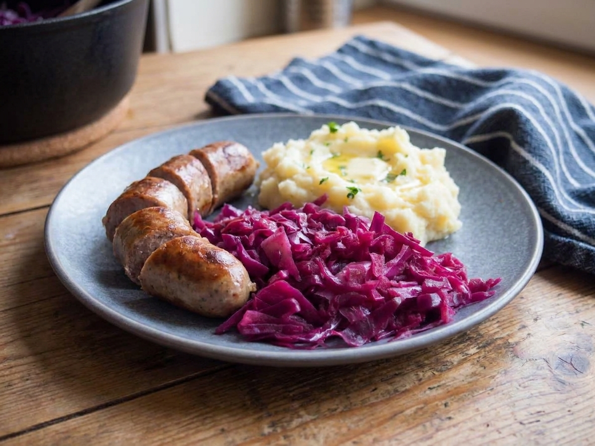 A dinner plate with German red cabbage next to sliced sausage and mashed potatoes on a wooden table
