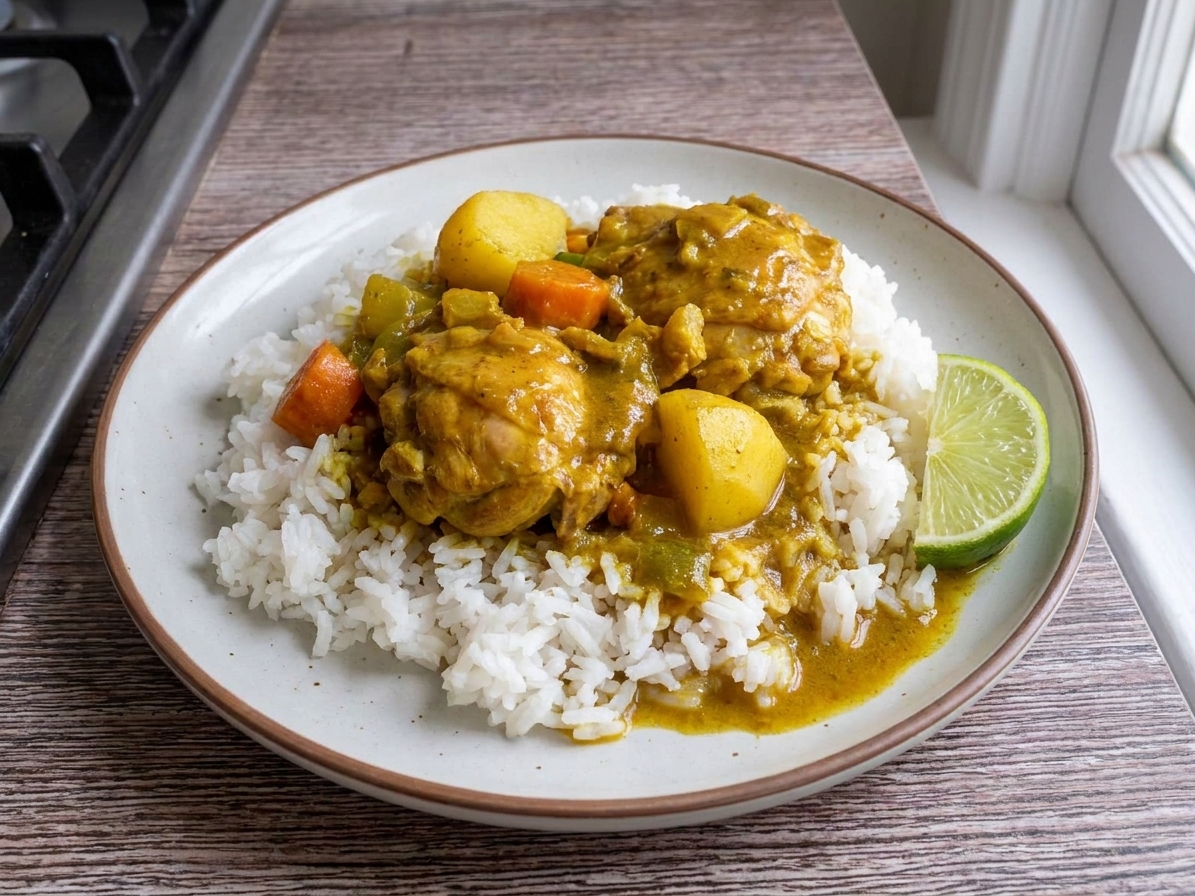 A dinner plate with Jamaican curry chicken and potatoes spooned over white rice, with a lime wedge on the side
