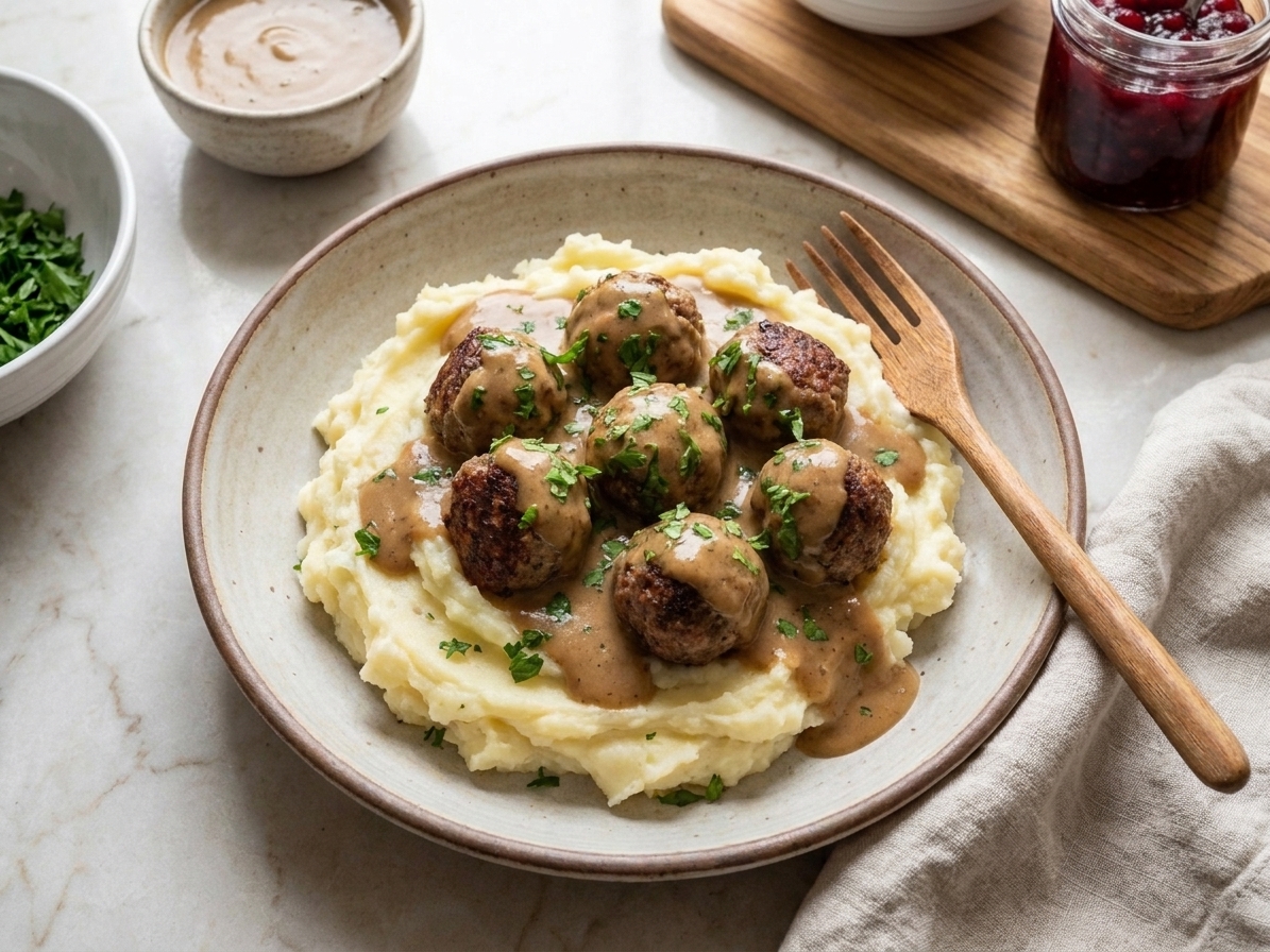 A dinner plate with Swedish meatballs in creamy gravy served over mashed potatoes with chopped parsley