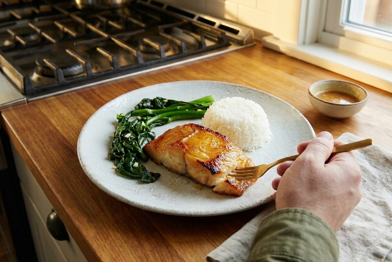 A dinner plate with a caramelized miso black cod fillet beside steamed rice and sautéed bok choy on a wooden table with warm evening light