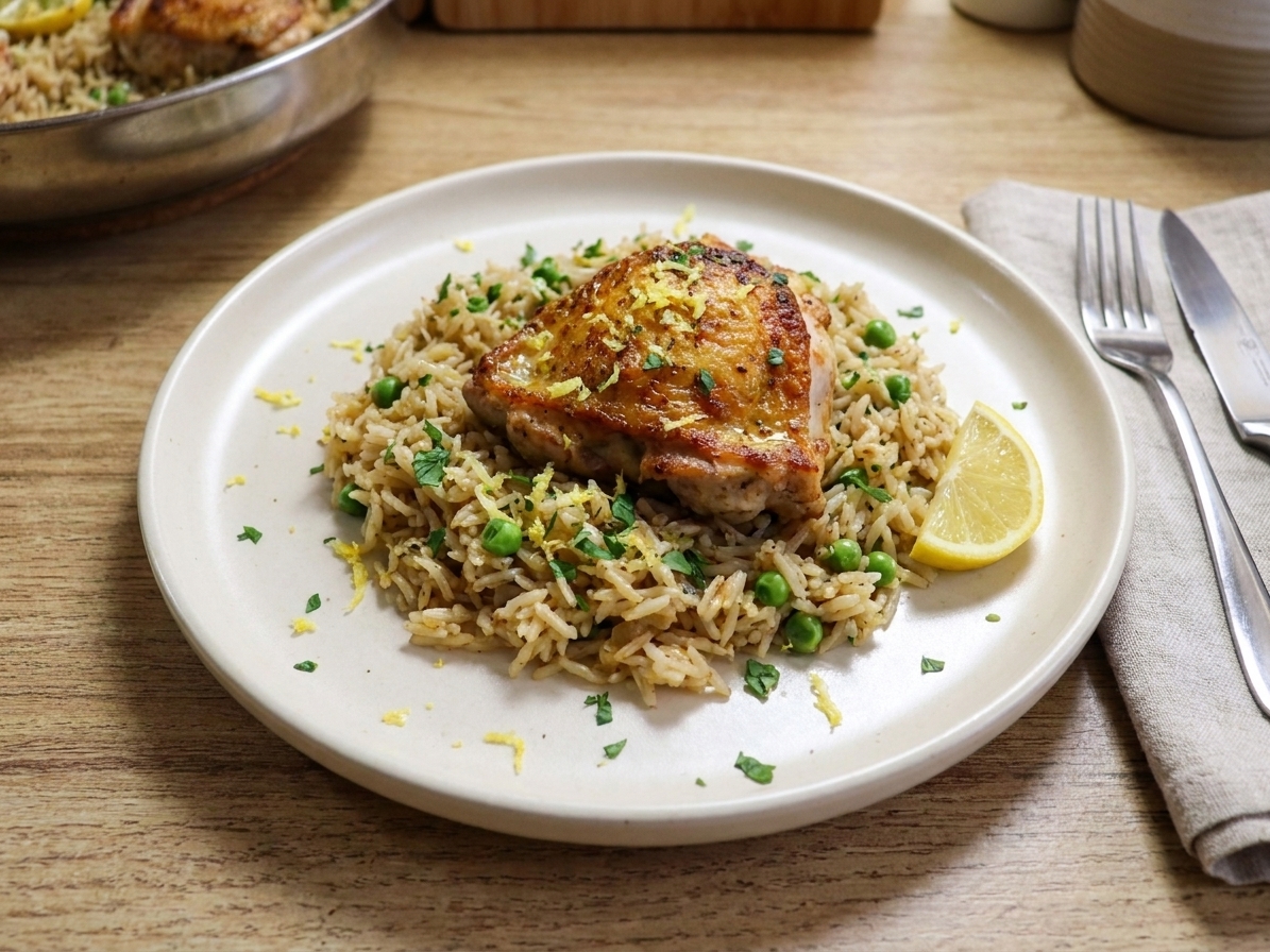 A dinner plate with a chicken thigh over fluffy rice and peas, finished with lemon zest and parsley on a simple table setting