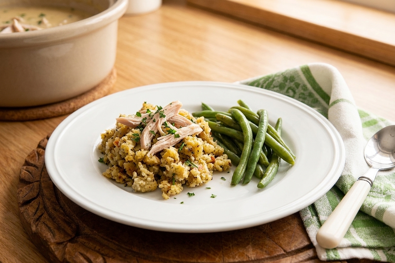 A dinner plate with a generous scoop of chicken and dressing alongside green beans on a wooden table with warm lighting