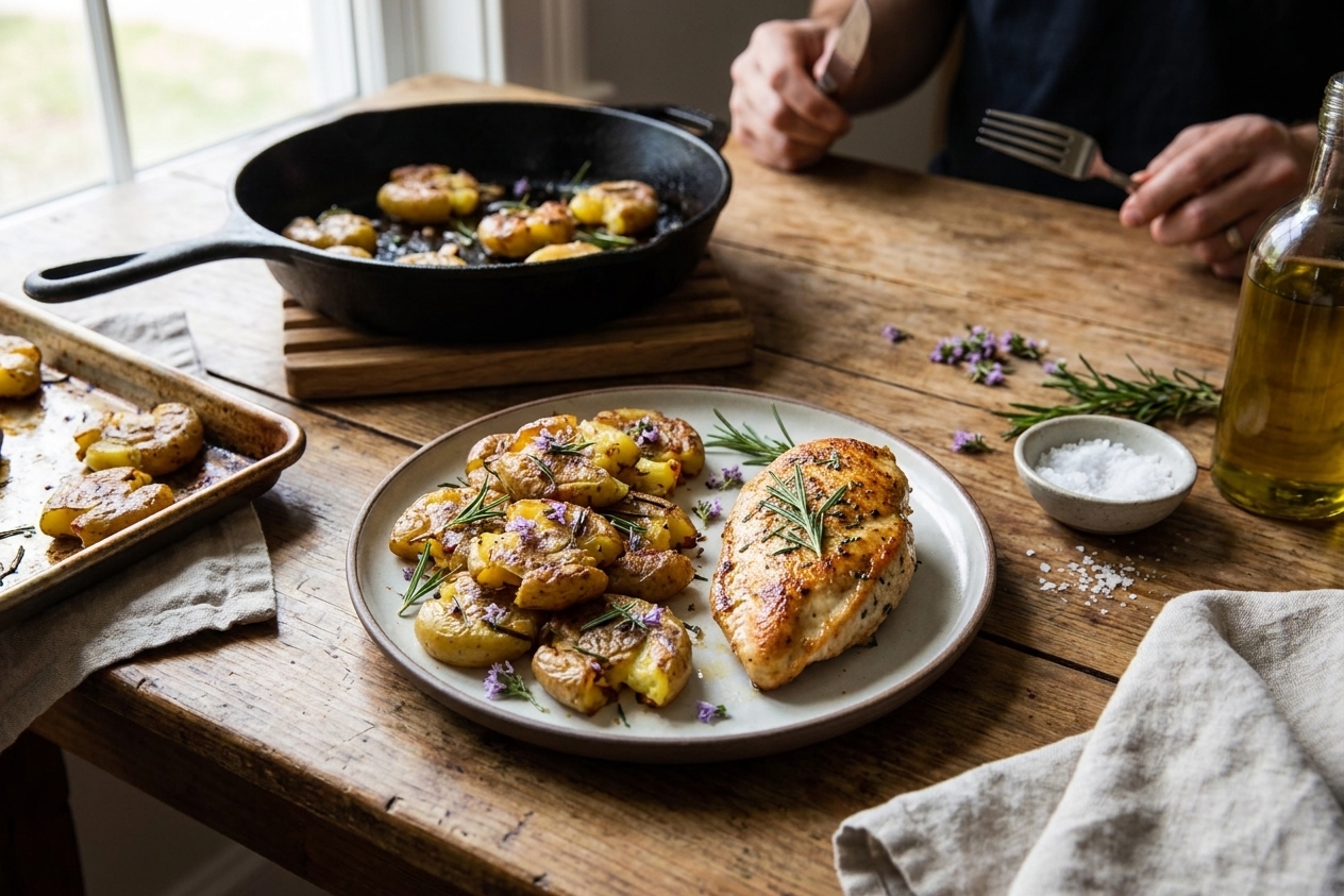 A dinner plate with a pile of crispy skillet potatoes garnished with herbs next to a simple weeknight main dish on a wooden table