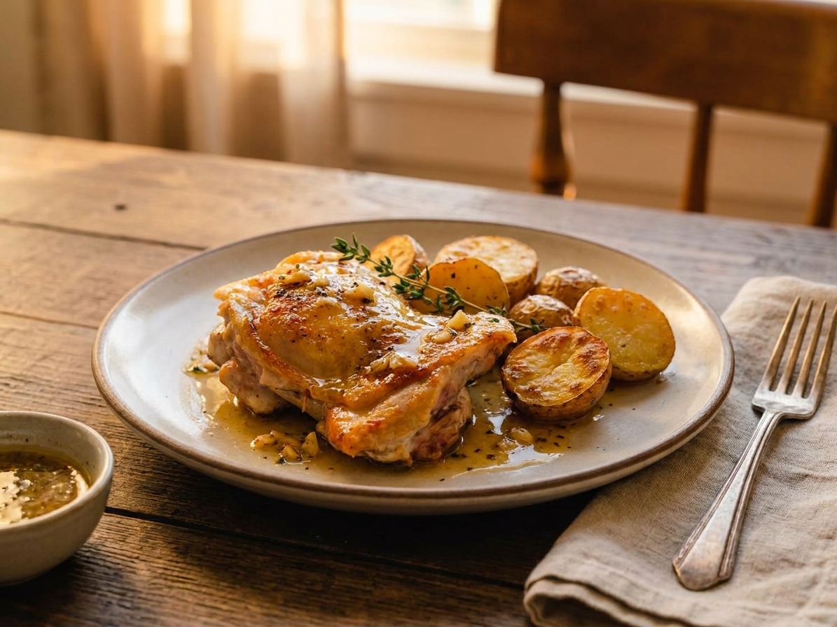 A dinner plate with a roasted chicken thigh, crispy potatoes, and lemon-garlic pan sauce with a simple table setting in warm evening light