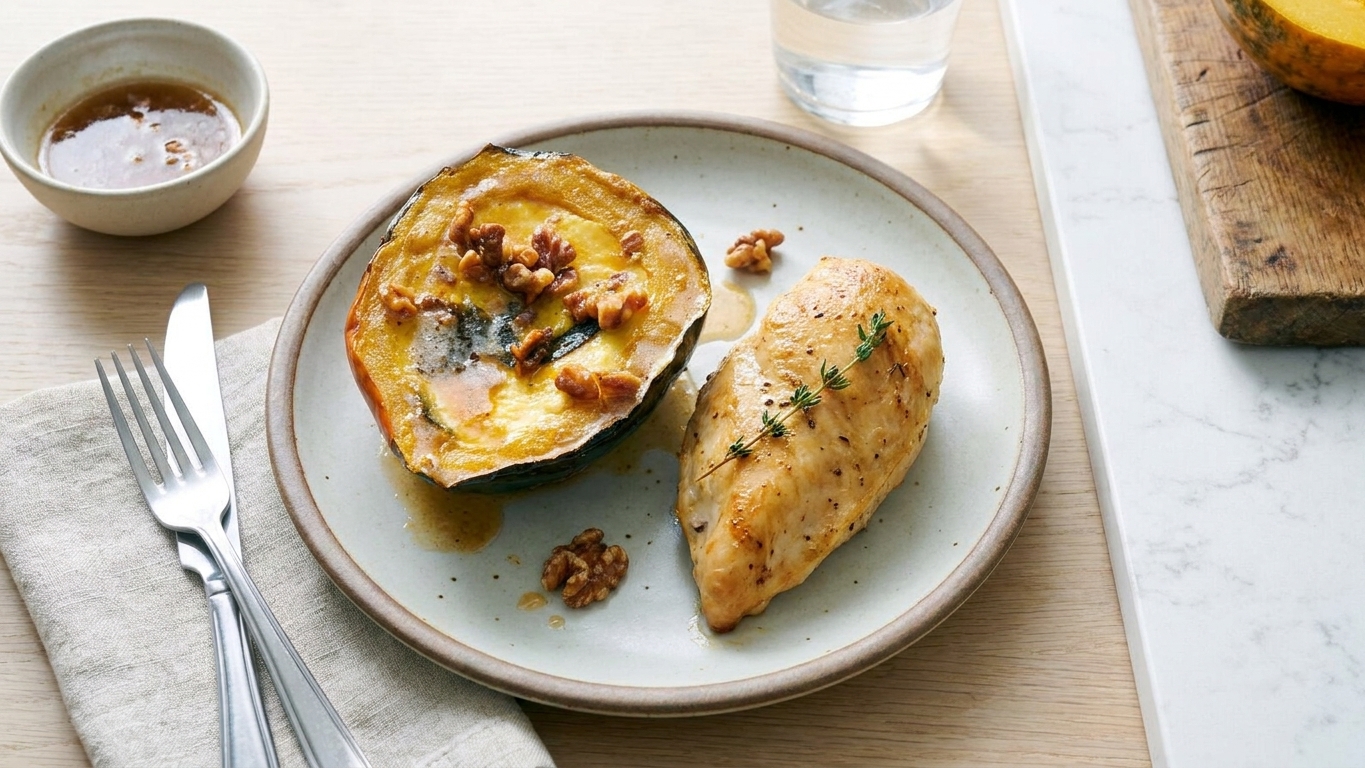 A dinner plate with a roasted custard squash half topped with maple butter glaze alongside a simple main dish on a neatly set table