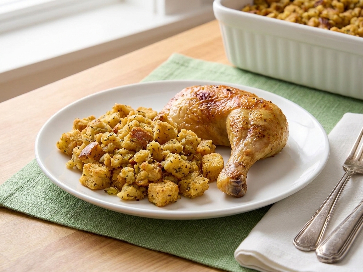 A dinner plate with a scoop of homemade stuffing next to roasted chicken on a kitchen table