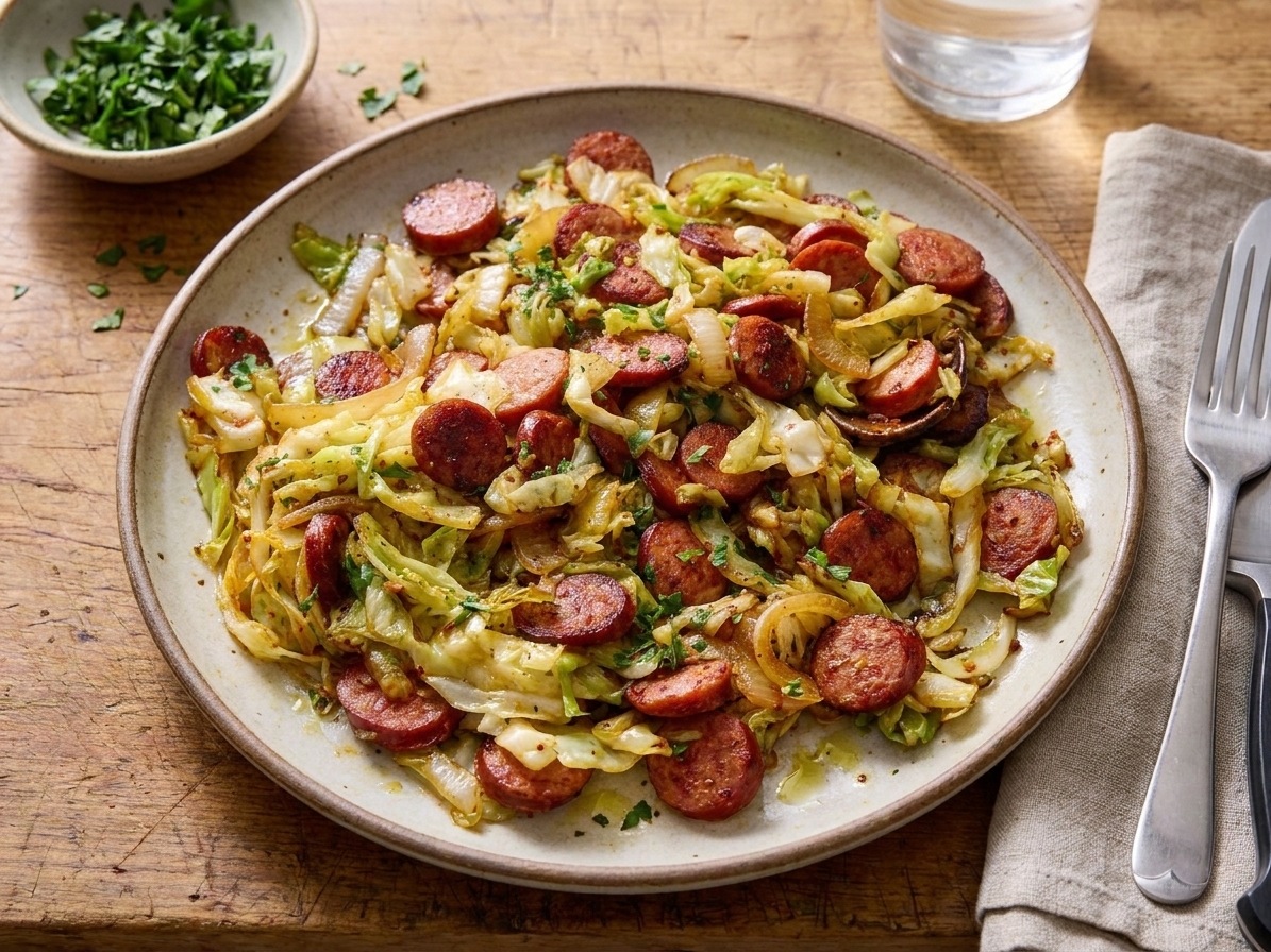 A dinner plate with a serving of sautéed cabbage and browned sausage, garnished with parsley, on a simple kitchen table setting