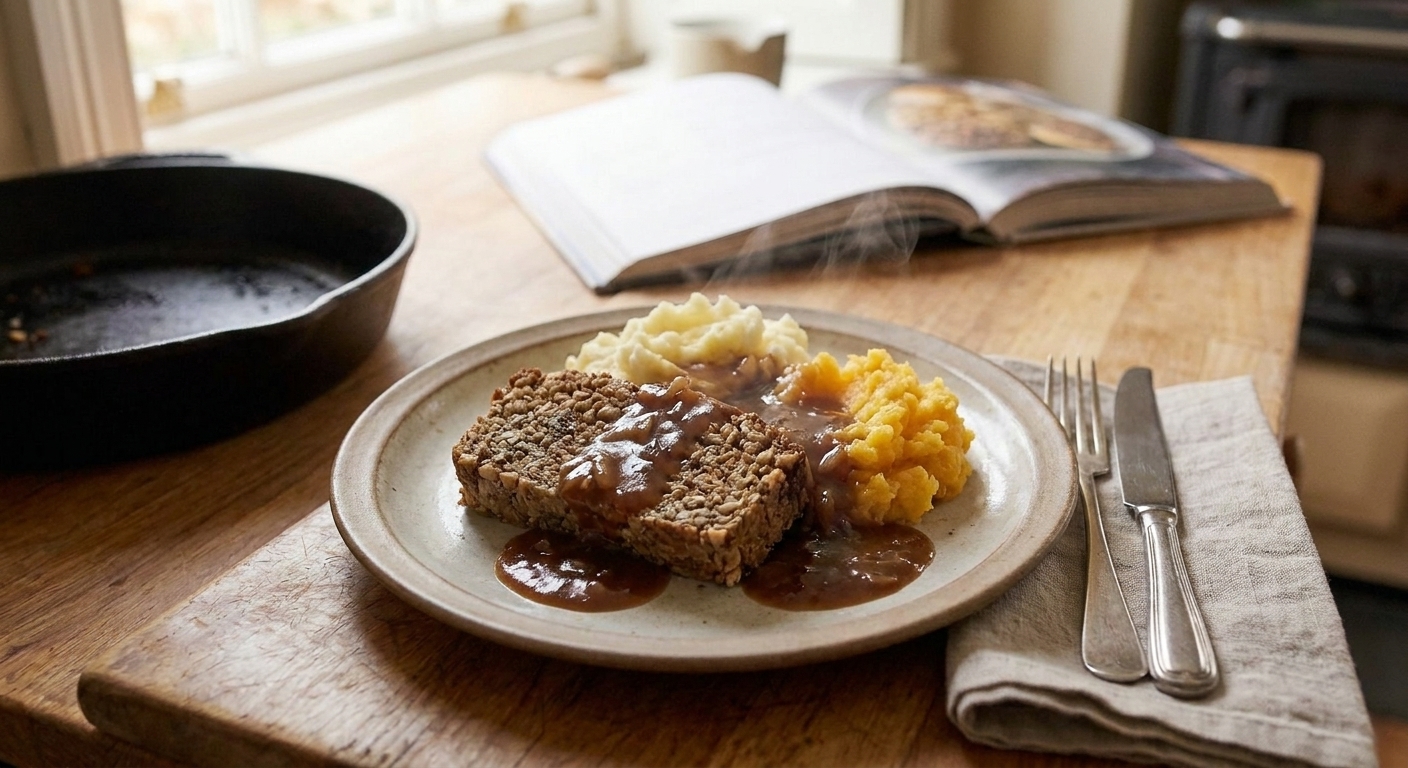 A dinner plate with a slice of haggis, mashed potatoes, and mashed rutabaga, finished with onion gravy on a simple table setting