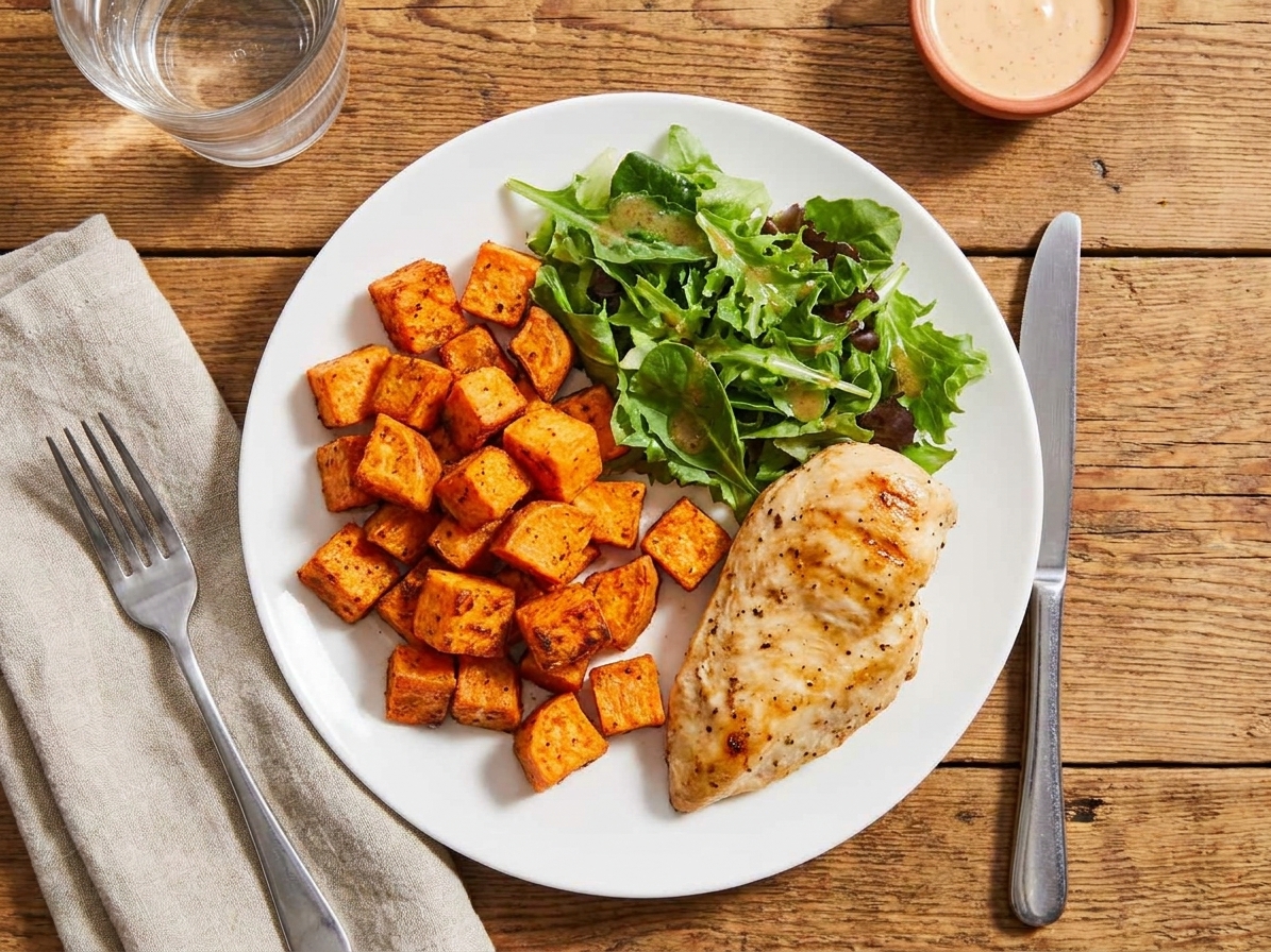 A dinner plate with air fryer sweet potato cubes served alongside a simple main dish on a wooden table with a casual weeknight place setting
