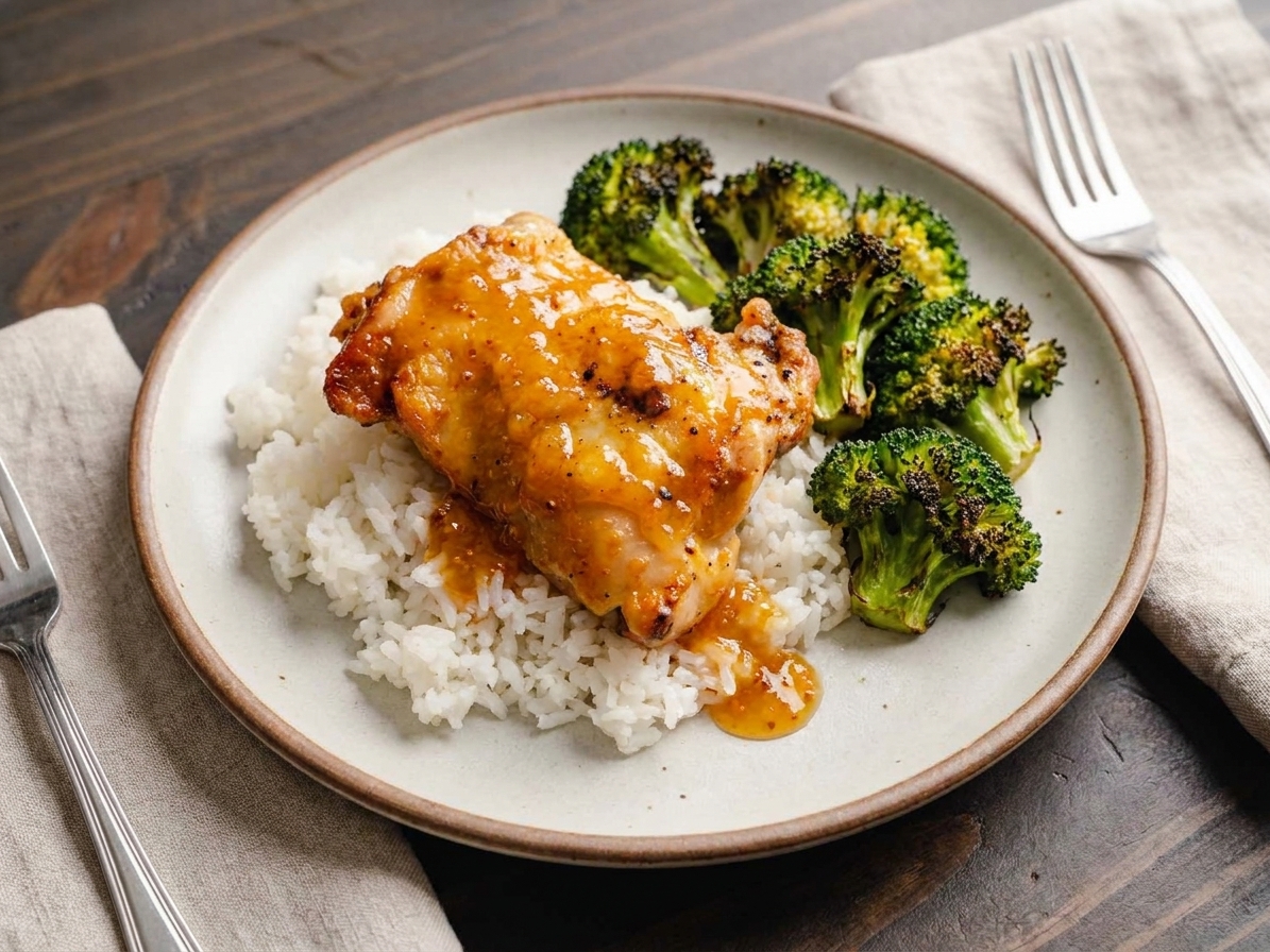 A dinner plate with apricot-glazed chicken thigh over white rice, sauce drizzled generously, with roasted broccoli on the side on a simple table setting