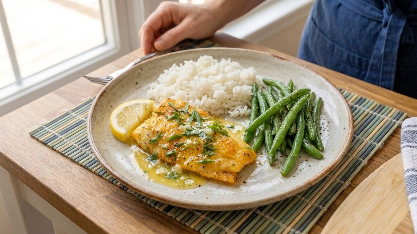 A dinner plate with baked orange roughy, spooned lemon butter sauce, and a side of rice and green beans on a family table setting