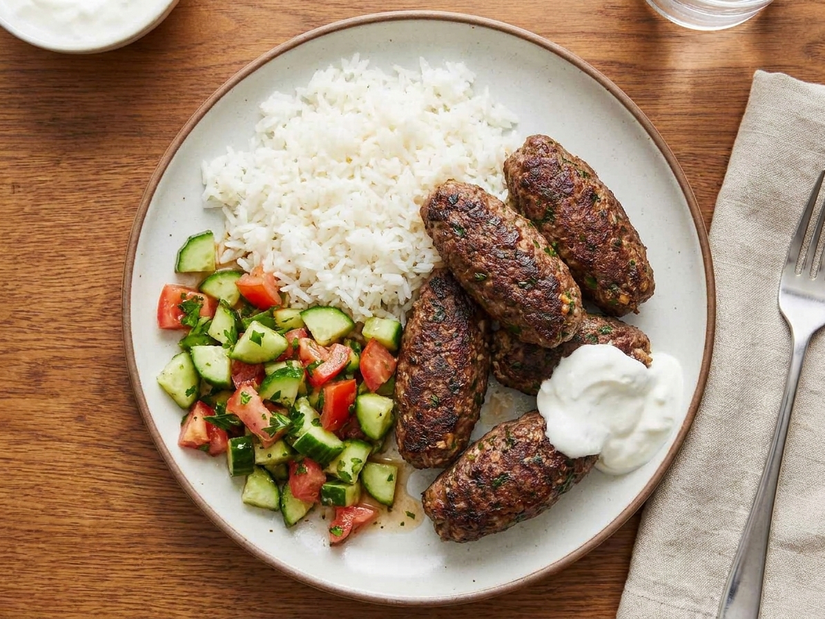 A dinner plate with beef kafta, fluffy rice, chopped cucumber tomato salad, and a spoonful of yogurt sauce on a wooden dining table