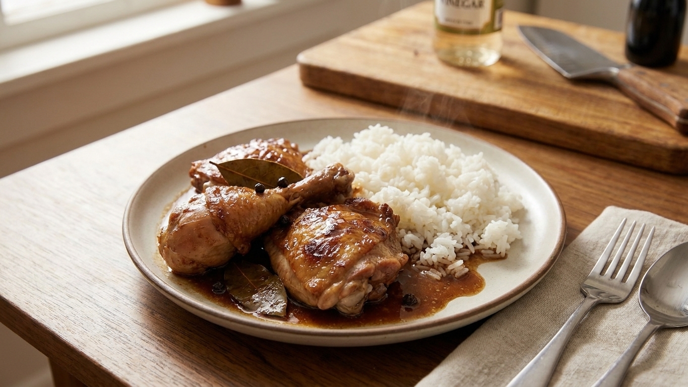 A dinner plate with chicken adobo, glossy sauce, and steamed white rice on the side with a simple table setting