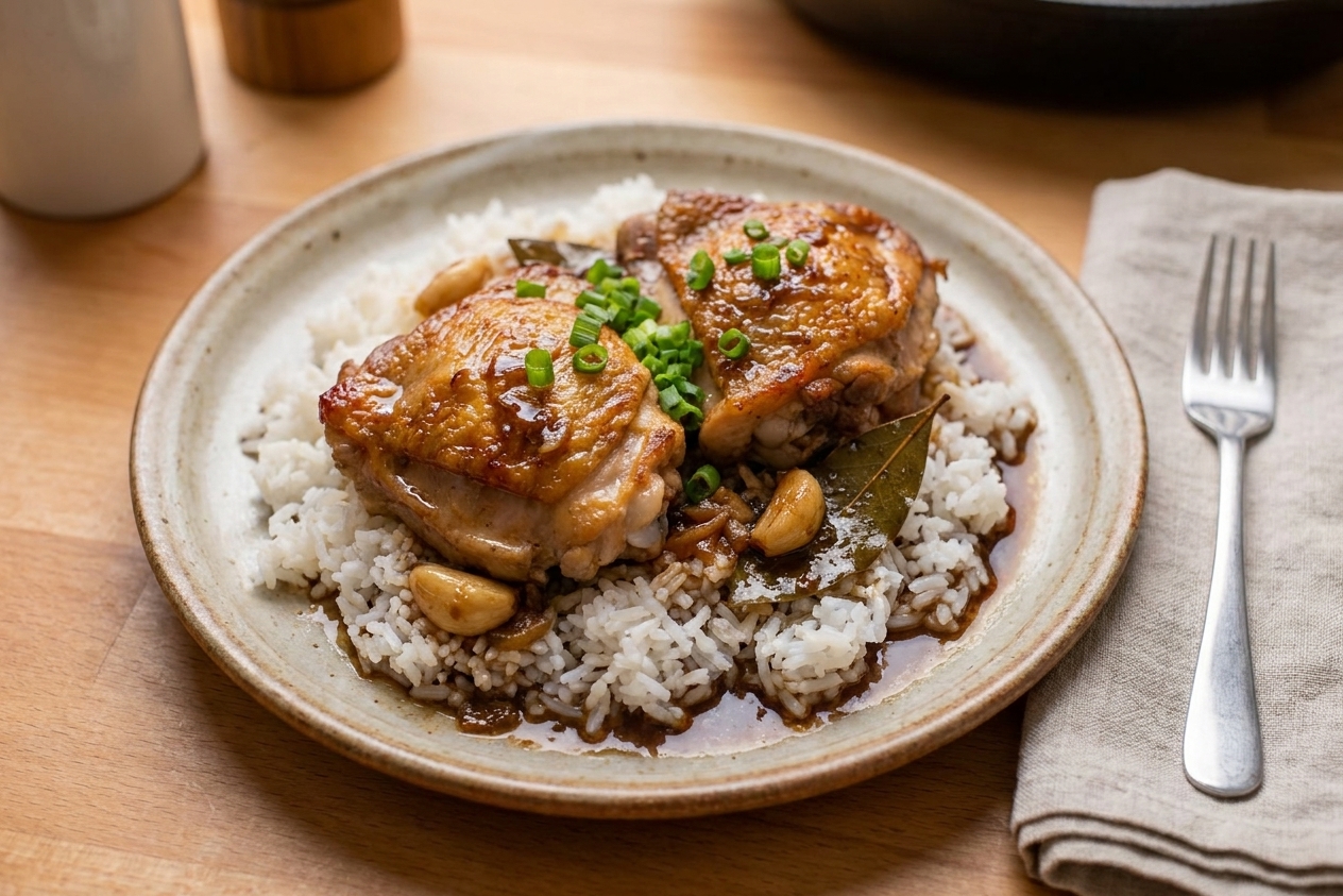 A dinner plate with chicken adobo over steamed white rice, sauce spooned over the top, set on a simple table with a fork and napkin