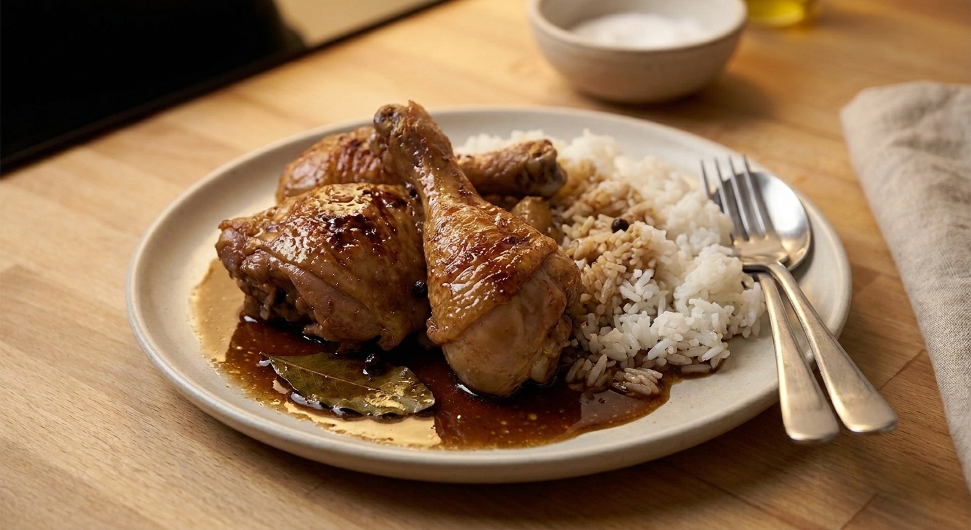 A dinner plate with chicken adobo over white rice, glossy sauce pooled around it, and a simple table setting in warm kitchen lighting