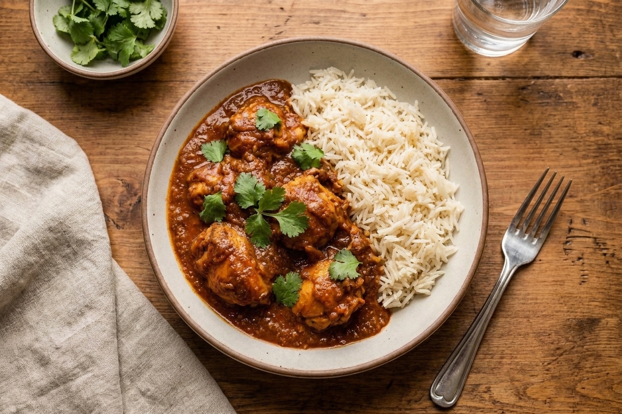 A dinner plate with chicken masaledar next to fluffy basmati rice, garnished with cilantro on a simple home dining table