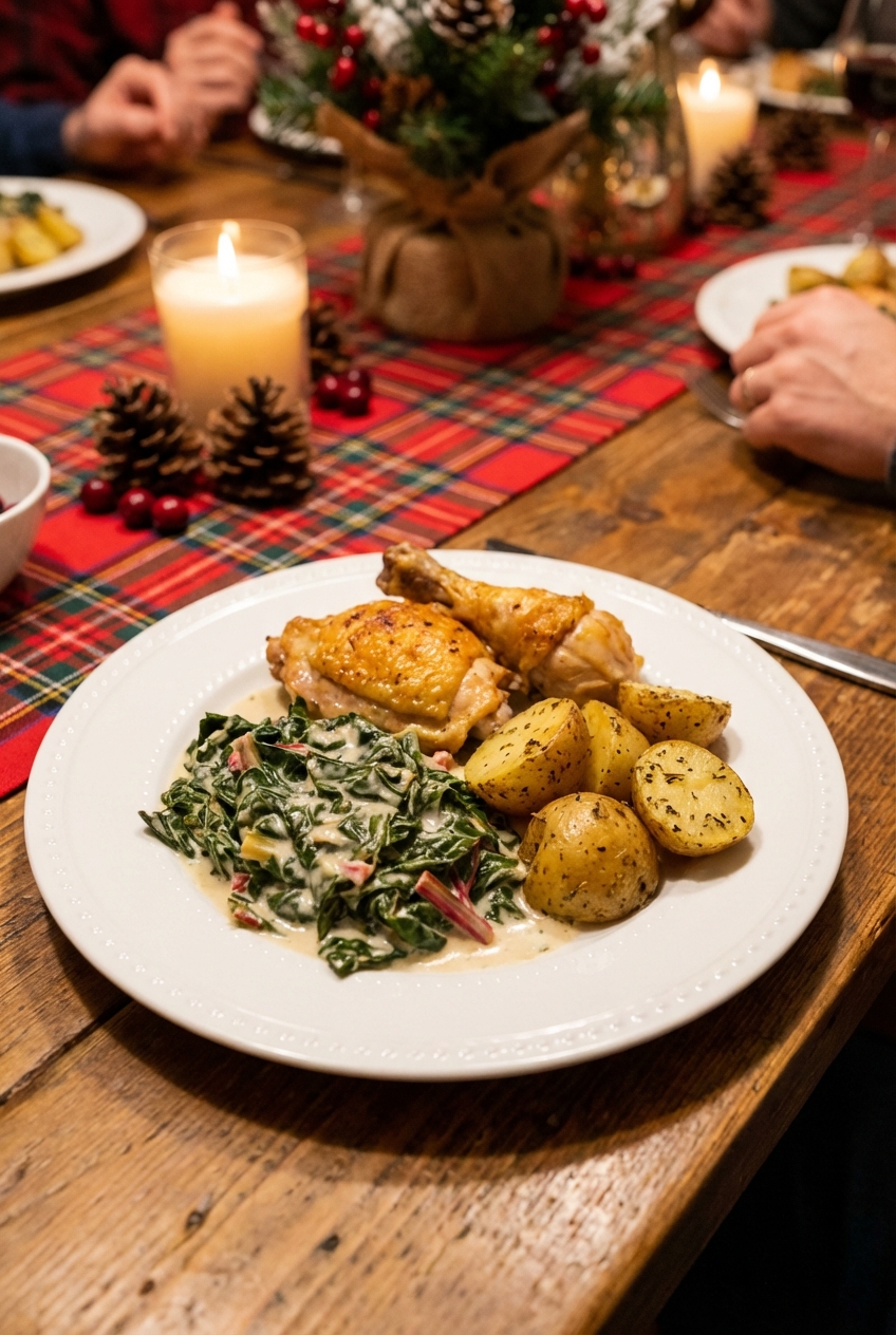A dinner plate with creamy Swiss chard beside roasted chicken and potatoes on a holiday table