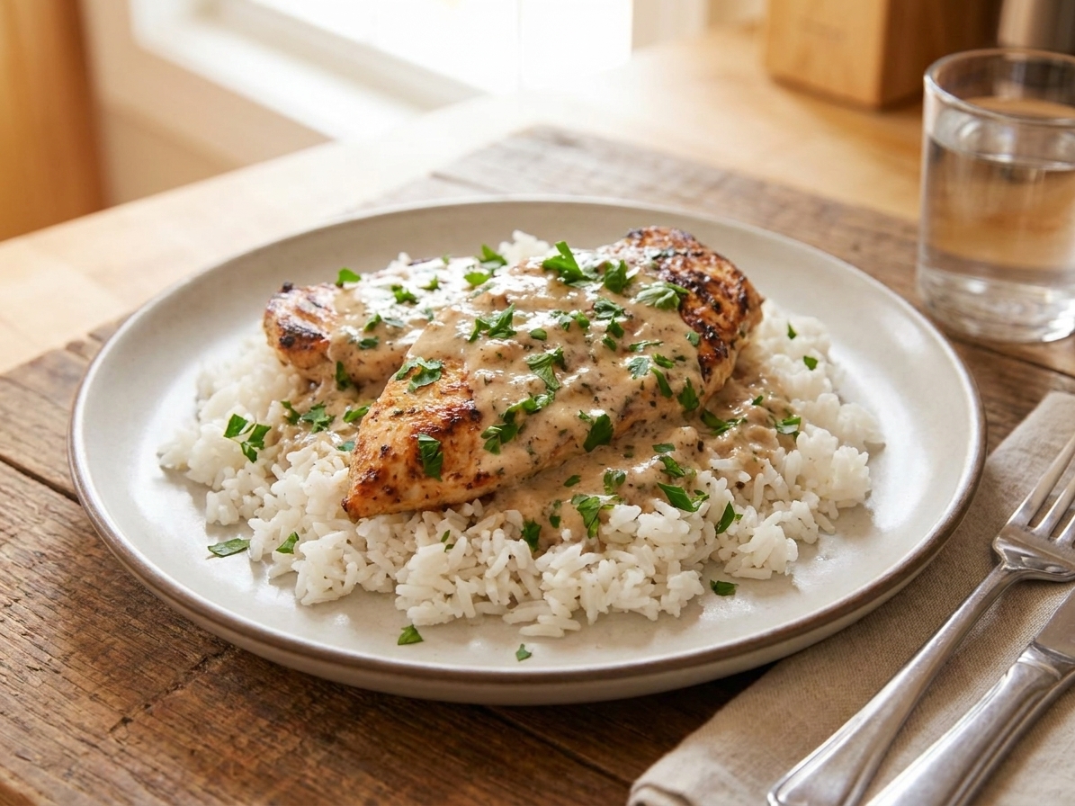 A dinner plate with creamy chicken cutlet over rice, garnished with parsley, on a simple table setting