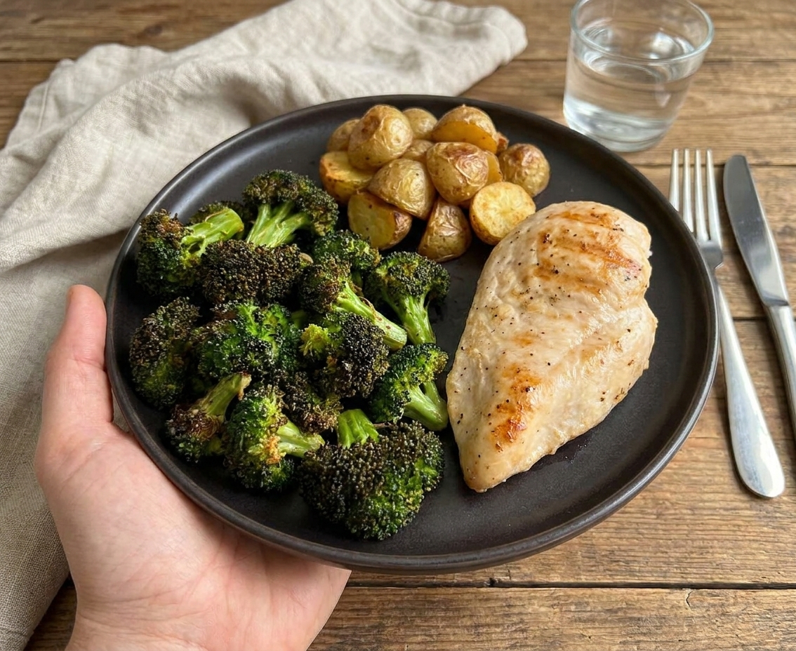 A dinner plate with crispy air fryer broccoli served beside a simple weeknight meal on a set table with neutral linens