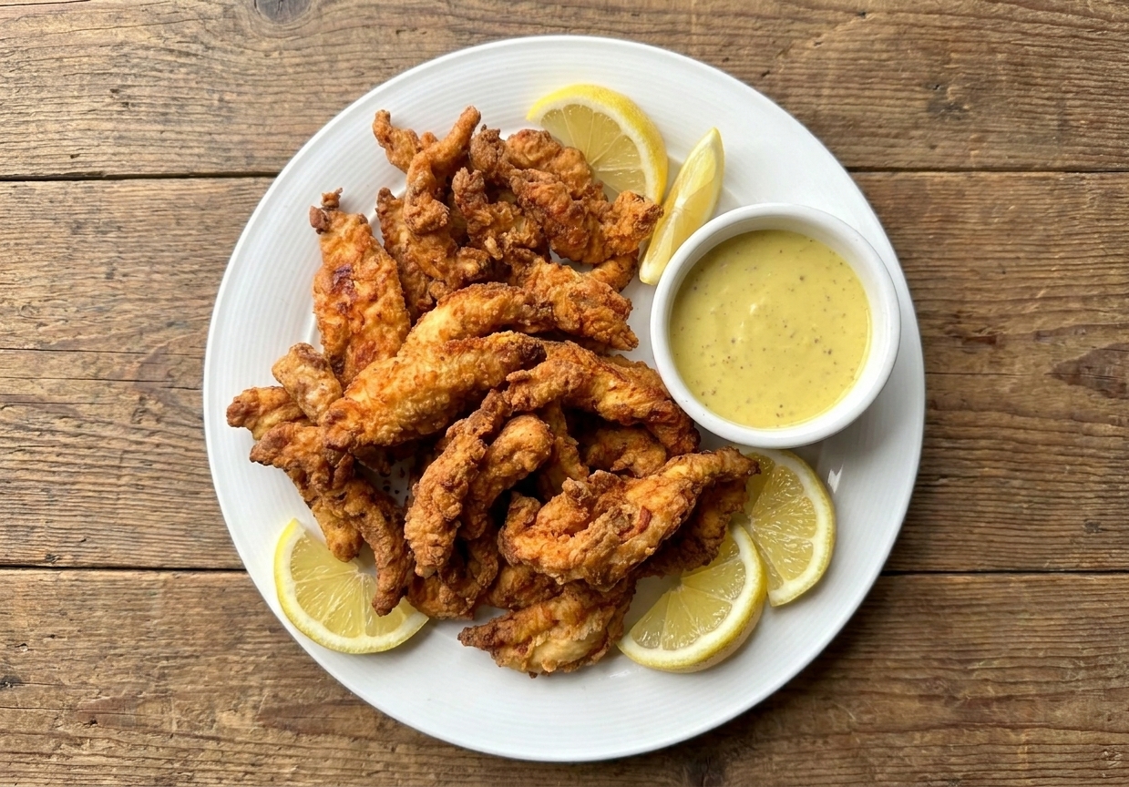 A dinner plate with crispy fried chicken strips, a small cup of honey mustard dipping sauce, and lemon wedges on a wooden table