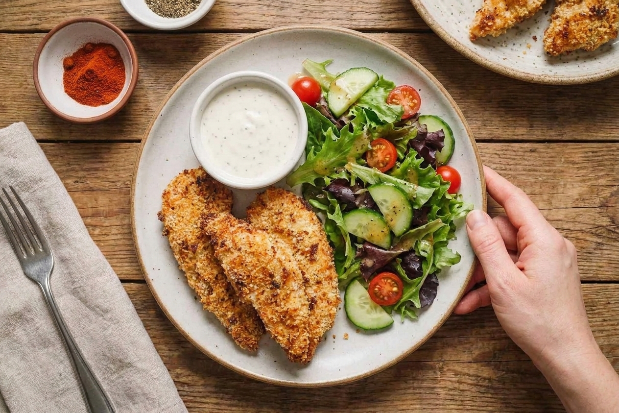 A dinner plate with crispy fried chicken tenders, a small bowl of ranch, and a simple green salad on a wooden table