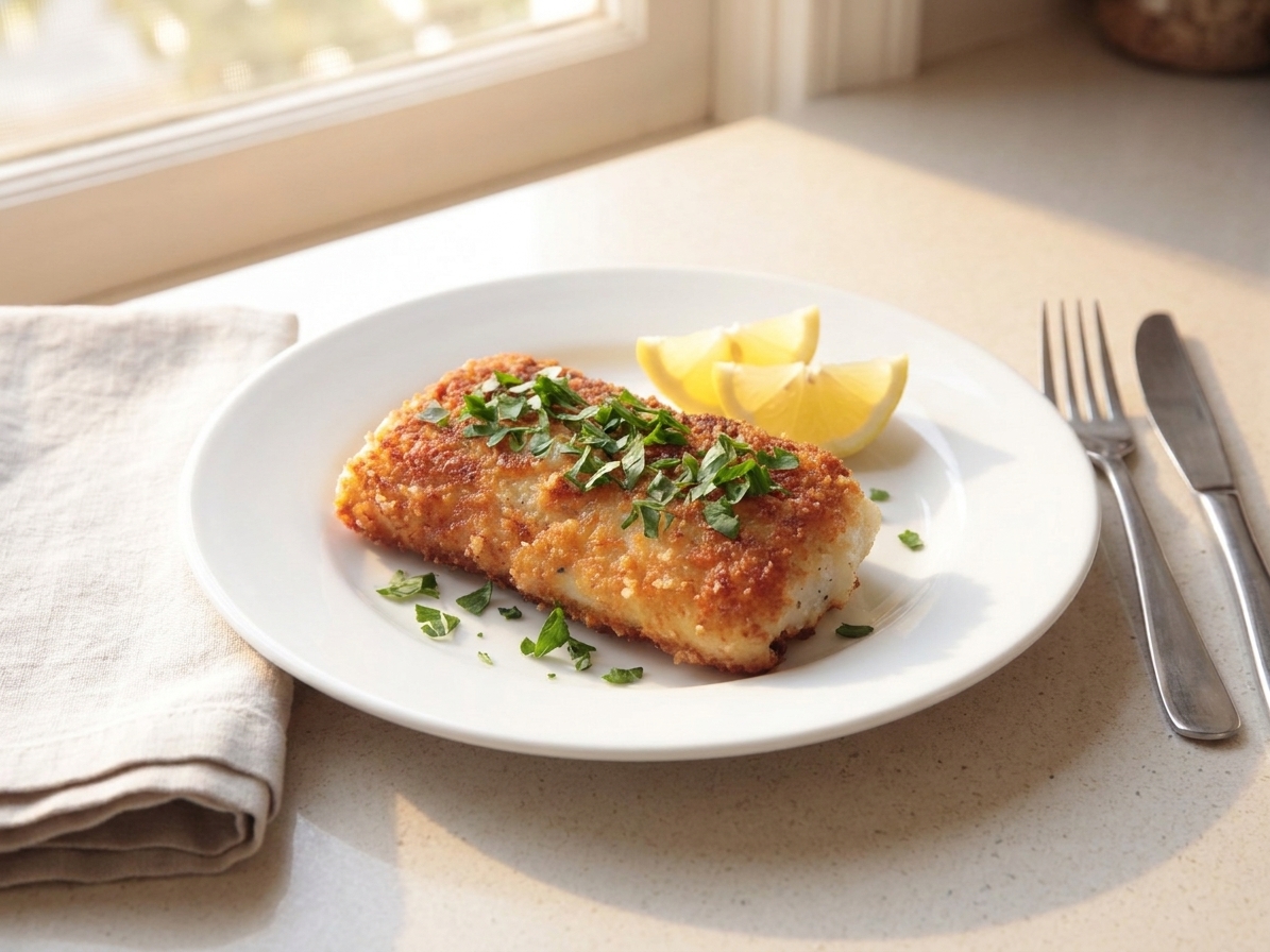 A dinner plate with crispy fried cod topped with chopped parsley, lemon wedges on the side, and a simple table setting in soft natural light