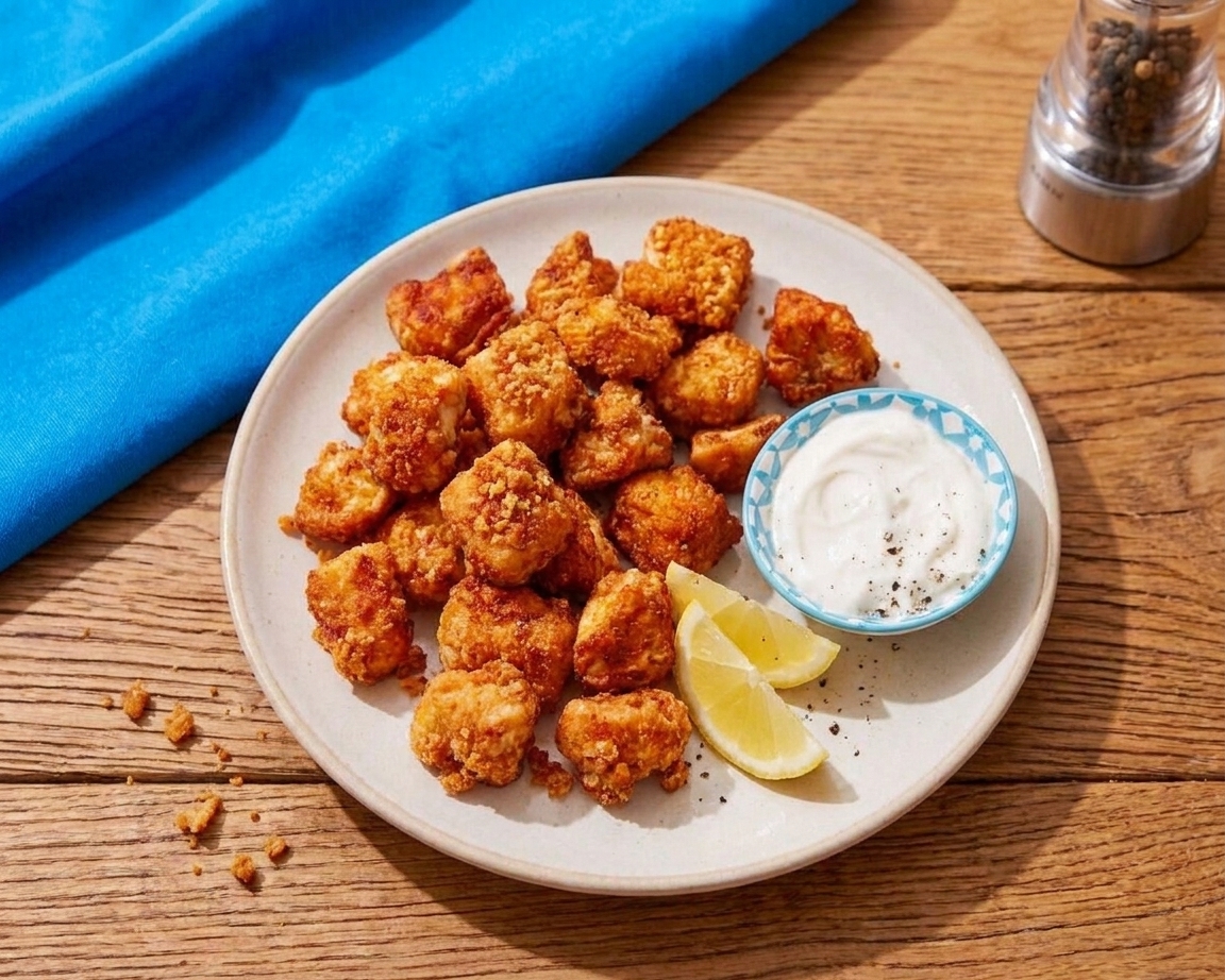 A dinner plate with crispy garlic Parmesan chicken bites, lemon wedges, and a small bowl of yogurt dip on a wooden table