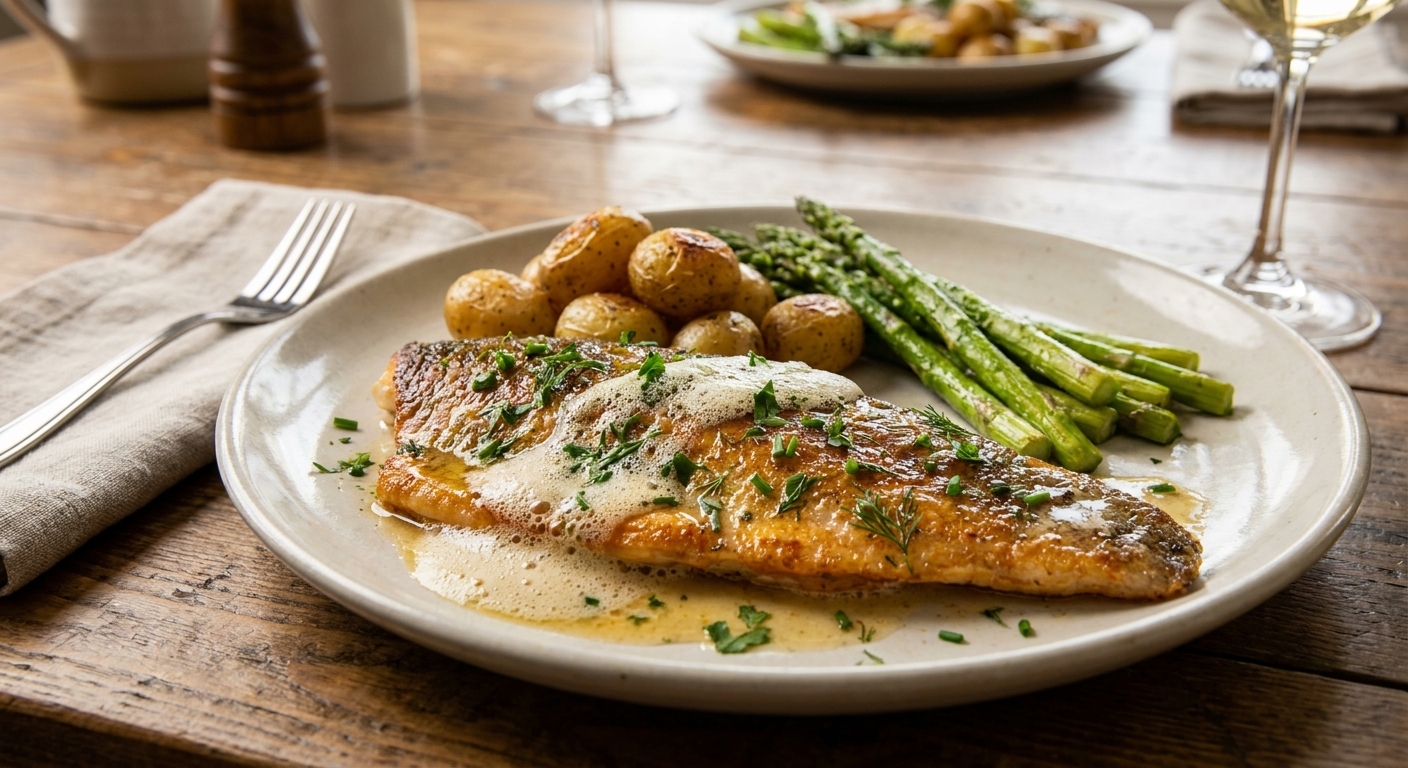 A dinner plate with crispy skin rainbow trout topped with lemon brown butter and herbs, with simple sides on a home dining table