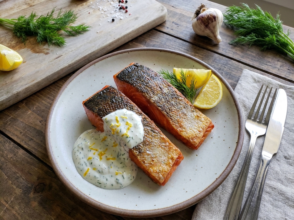A dinner plate with crispy-skin sockeye salmon served with lemon-dill yogurt sauce and lemon wedges on a simple table setting