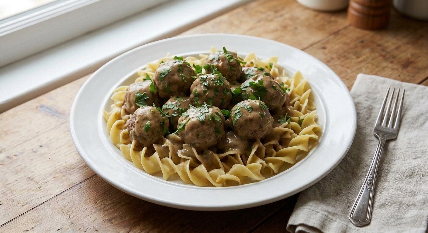 A dinner plate with egg noodles topped with Swedish meatballs and creamy gravy, with a fork resting on the side on a wooden table