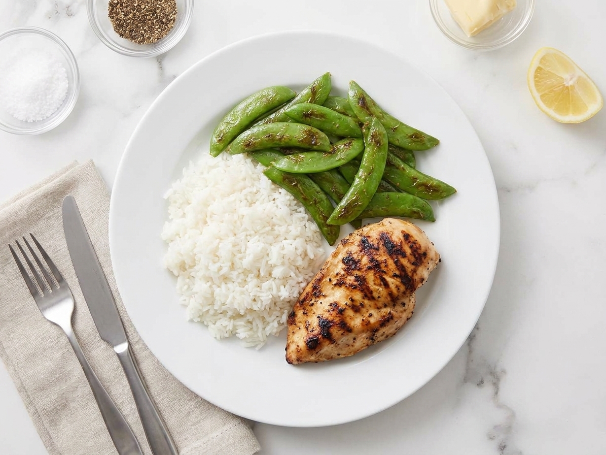 A dinner plate with garlic sautéed snow peas served alongside steamed rice and grilled chicken on a simple family-style table setting