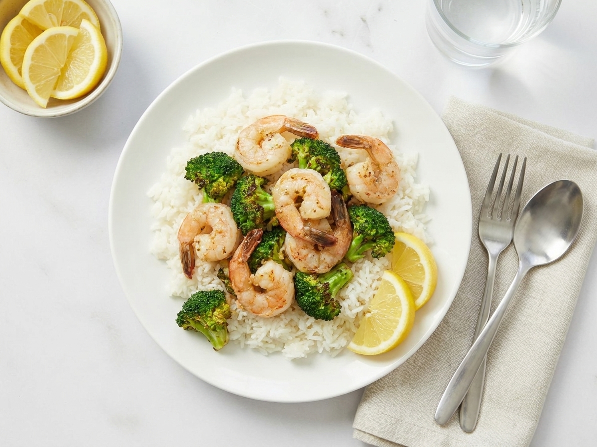 A dinner plate with garlic shrimp and broccoli spooned over white rice with lemon wedges on the side on a simple table setting