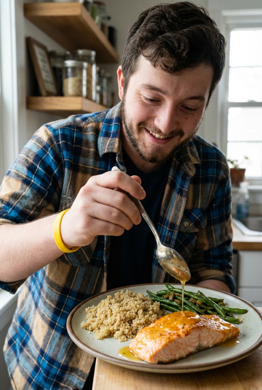 A dinner plate with glazed salmon served with quinoa and green beans, with extra citrus glaze being spooned over the fish