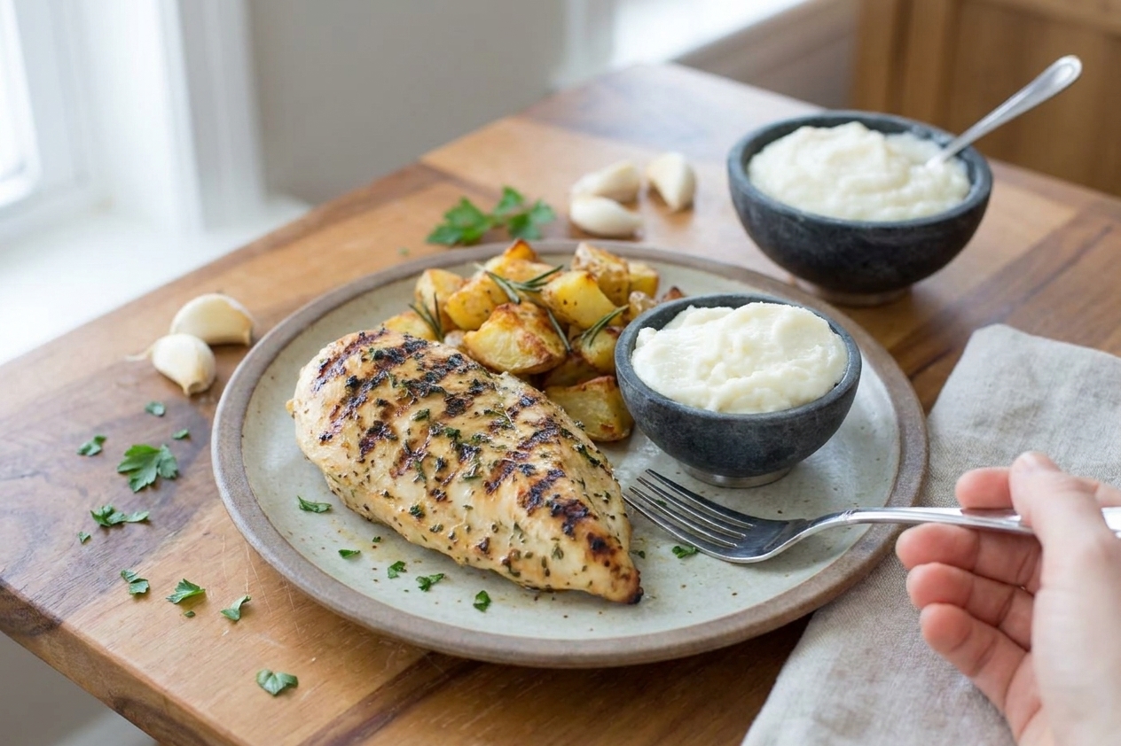 A dinner plate with grilled chicken and crispy roasted potatoes with a small bowl of toum on the side