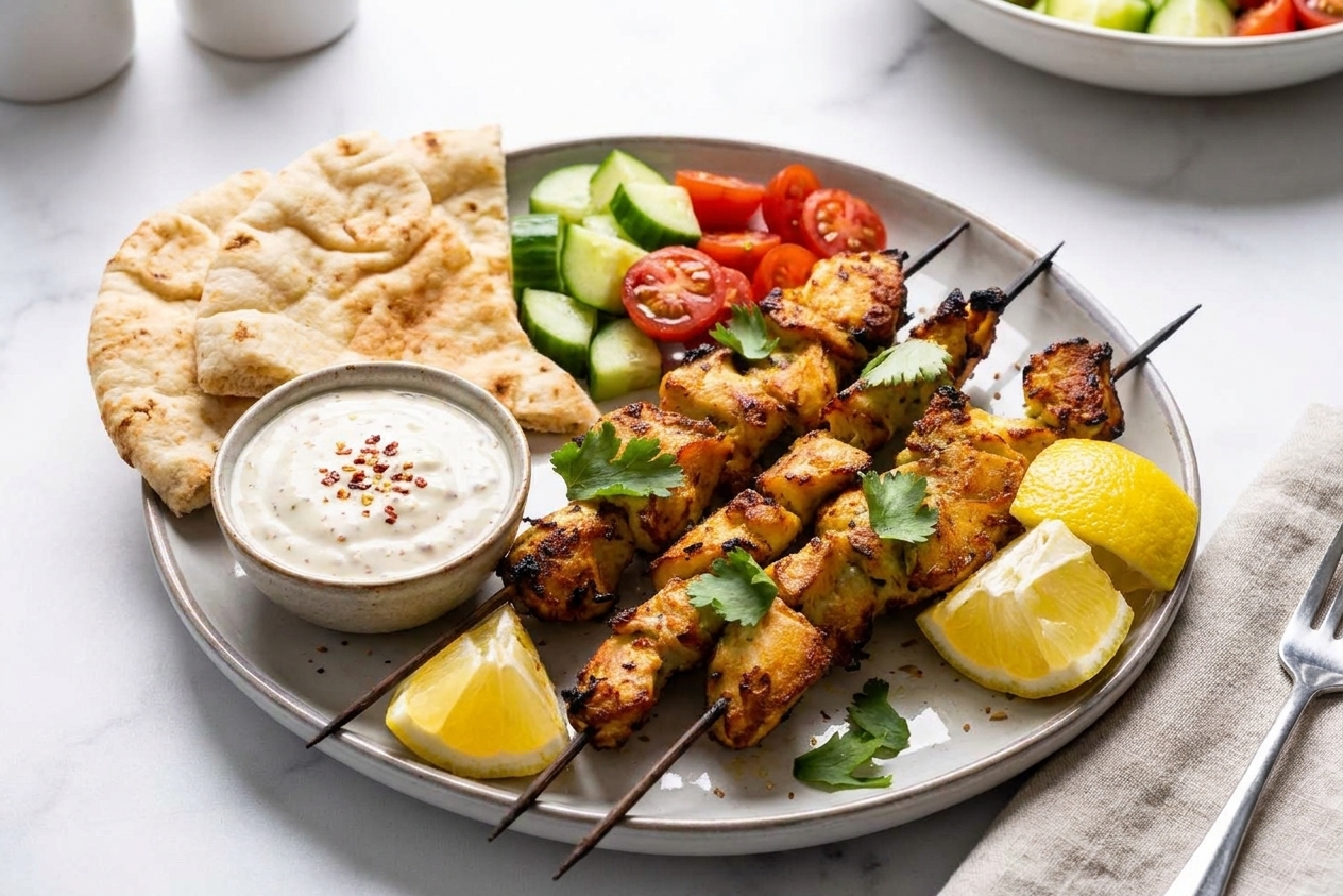A dinner plate with grilled chicken kababs, warm pita, sliced cucumbers and tomatoes, and a small bowl of garlic yogurt sauce on a simple table setting