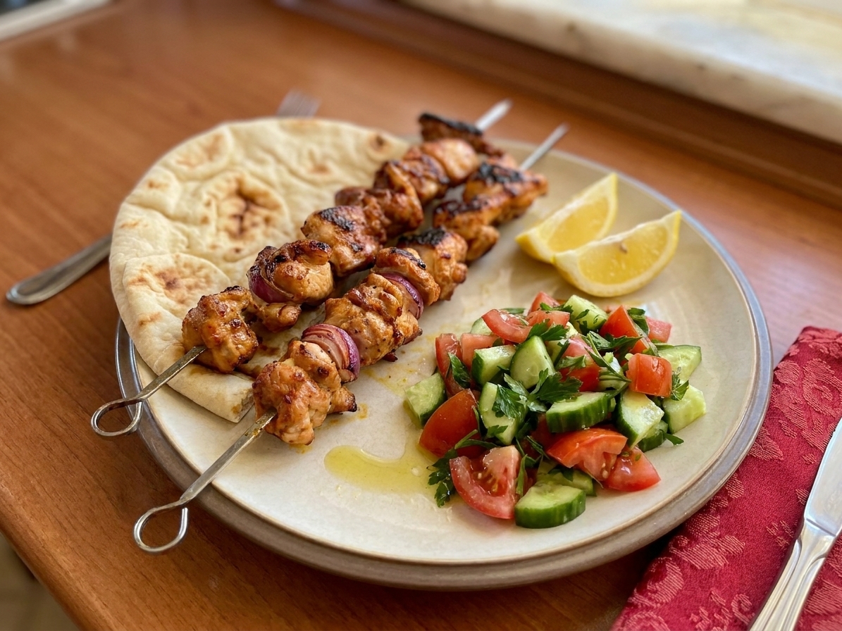 A dinner plate with grilled chicken shish kebabs, warm flatbread, tomato cucumber salad, and lemon wedges on a neatly set table