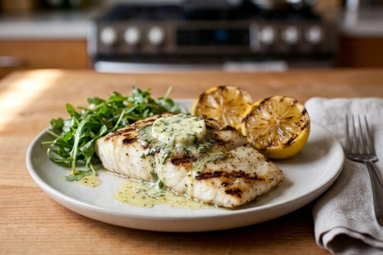 A dinner plate with grilled halibut topped with herb butter, served with grilled lemon and a simple green side on a wooden table with soft natural light