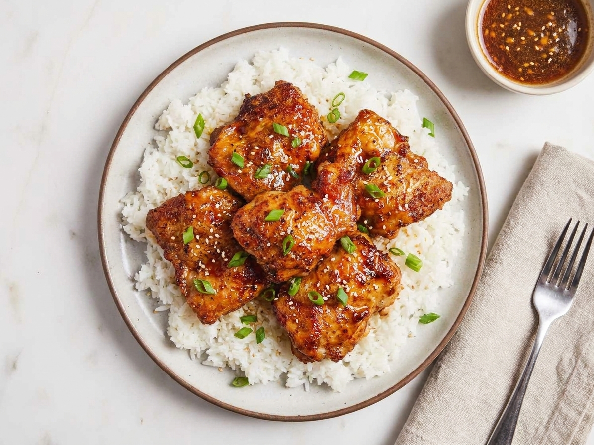A dinner plate with honey garlic chicken over white rice, topped with green onions and sesame seeds, on a simple table setting