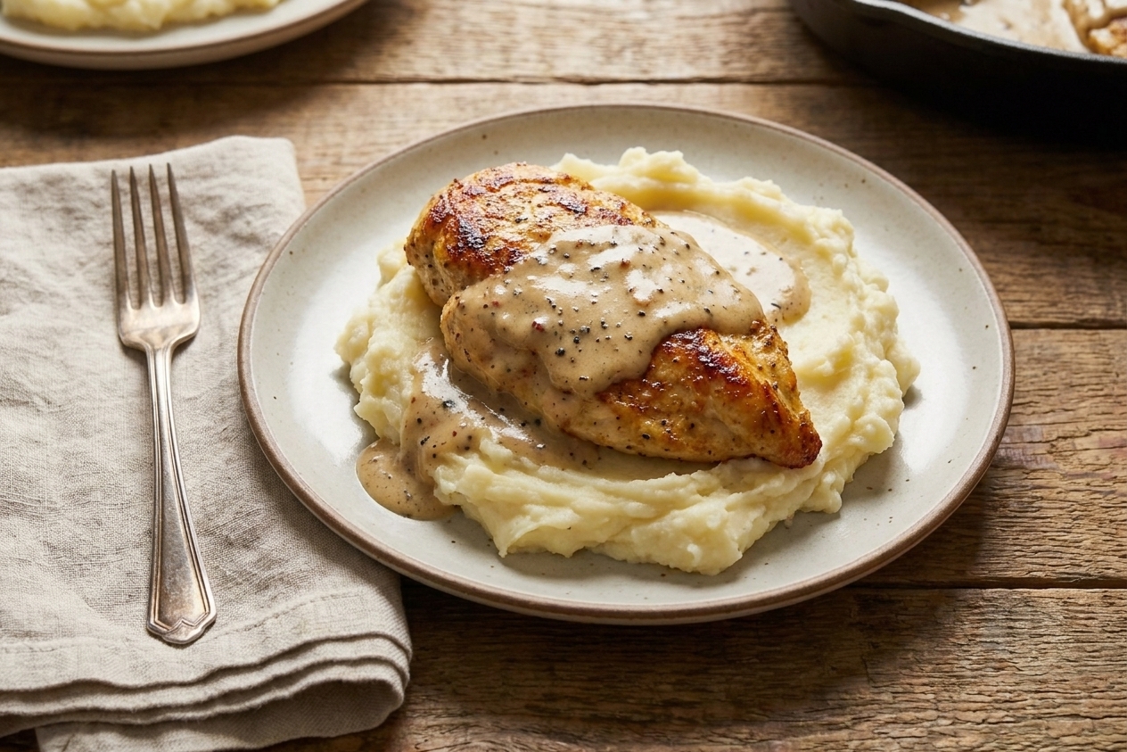 A dinner plate with mashed potatoes topped with golden chicken and creamy pepper gravy, with a fork and linen napkin on a rustic table setting
