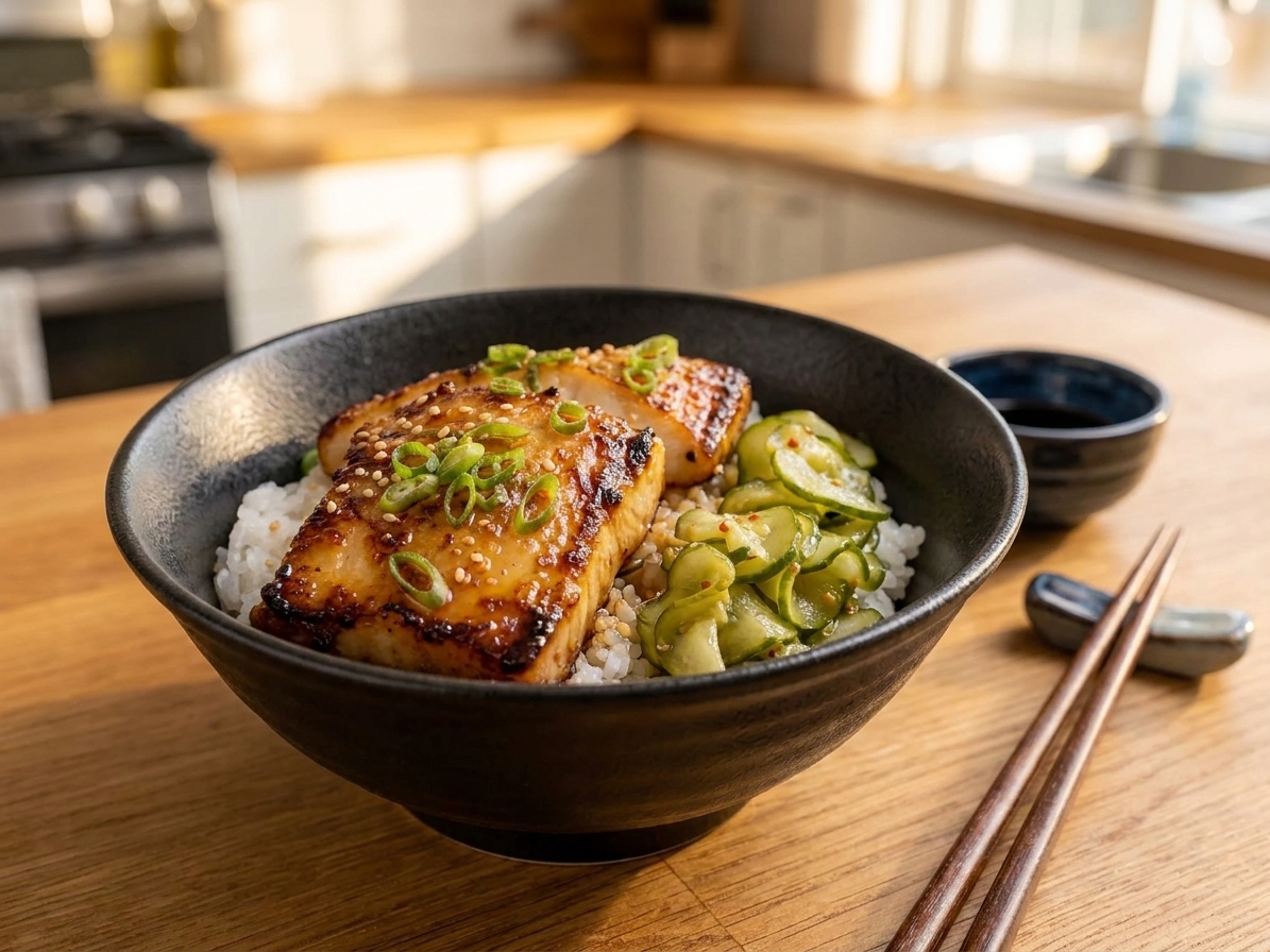 A dinner plate with miso glazed sablefish served over steamed rice with cucumber slices and scallions on a warmly lit kitchen table