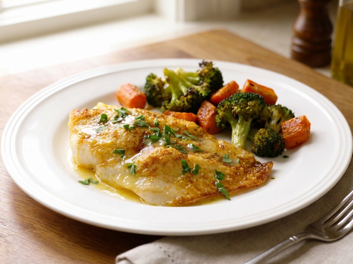 A dinner plate with pan-seared orange roughy topped with lemon butter sauce and parsley, served with roasted vegetables on the side