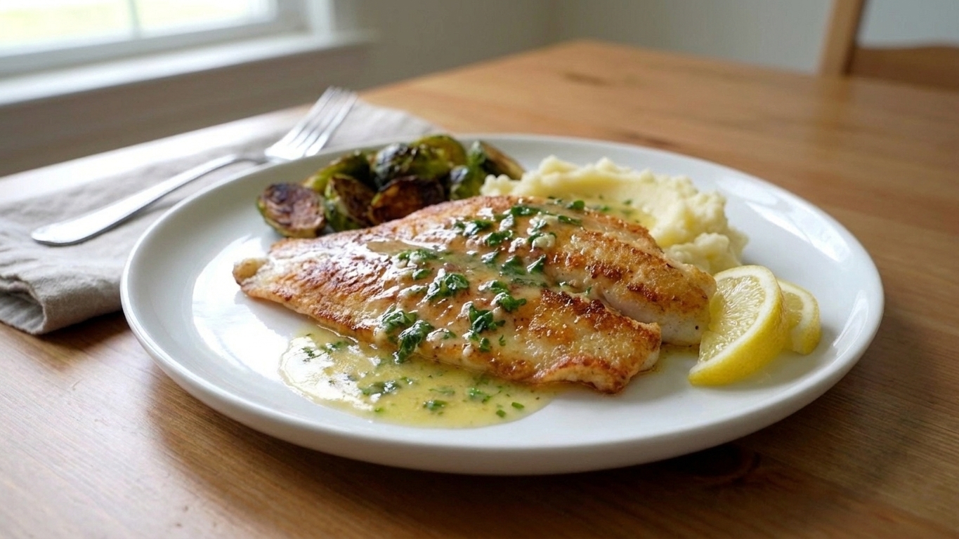 A dinner plate with pan-seared swai topped with lemon butter sauce and chopped parsley, with lemon wedges on the side