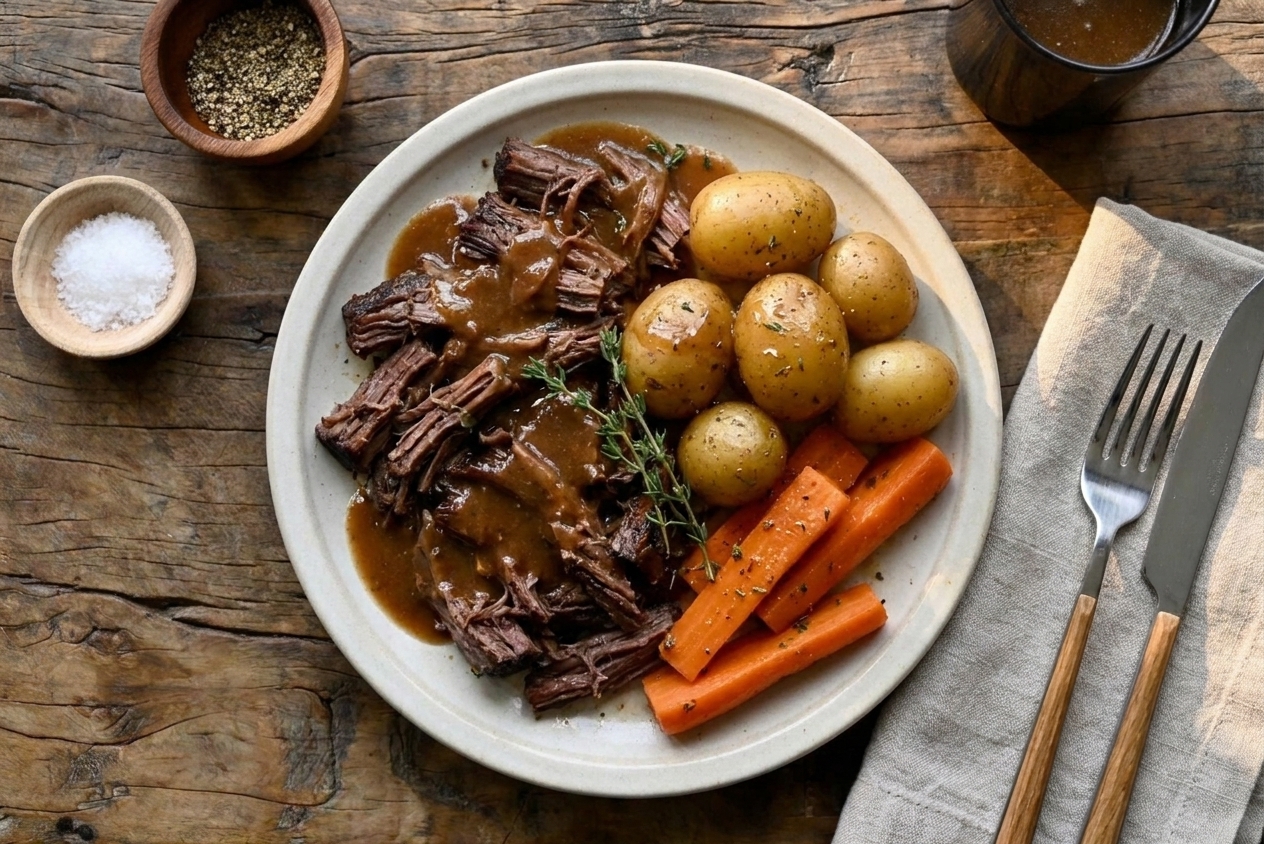 A dinner plate with shredded chuck roast, carrots, and potatoes ladled with brown gravy on a simple table setting with warm lighting