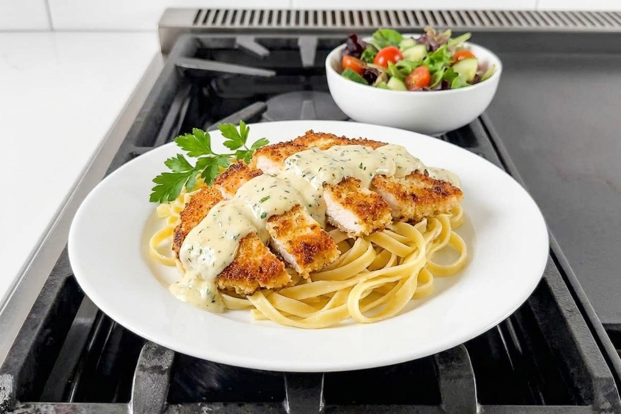 A dinner plate with sliced Boursin chicken over pasta, creamy herb sauce spooned on top, and a small side salad in the background
