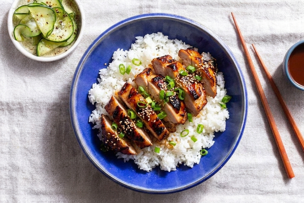 A dinner plate with sliced Korean BBQ chicken over white rice topped with green onions and sesame seeds with cucumber salad on the side