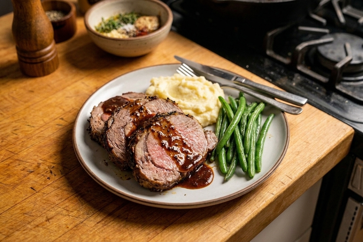 A dinner plate with sliced boneless rib roast topped with pan sauce, served with mashed potatoes and green beans on a simple table setting under warm light