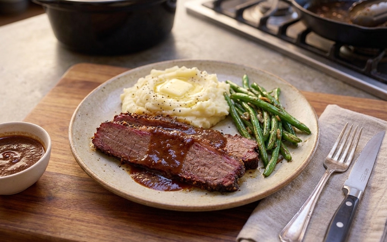 A dinner plate with sliced brisket and rich sauce next to mashed potatoes and green beans on a simple table setting